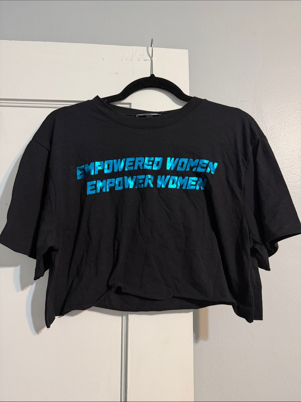 Fashion Nova Black Cropped Tee with Bright Blue Empowered Graphic